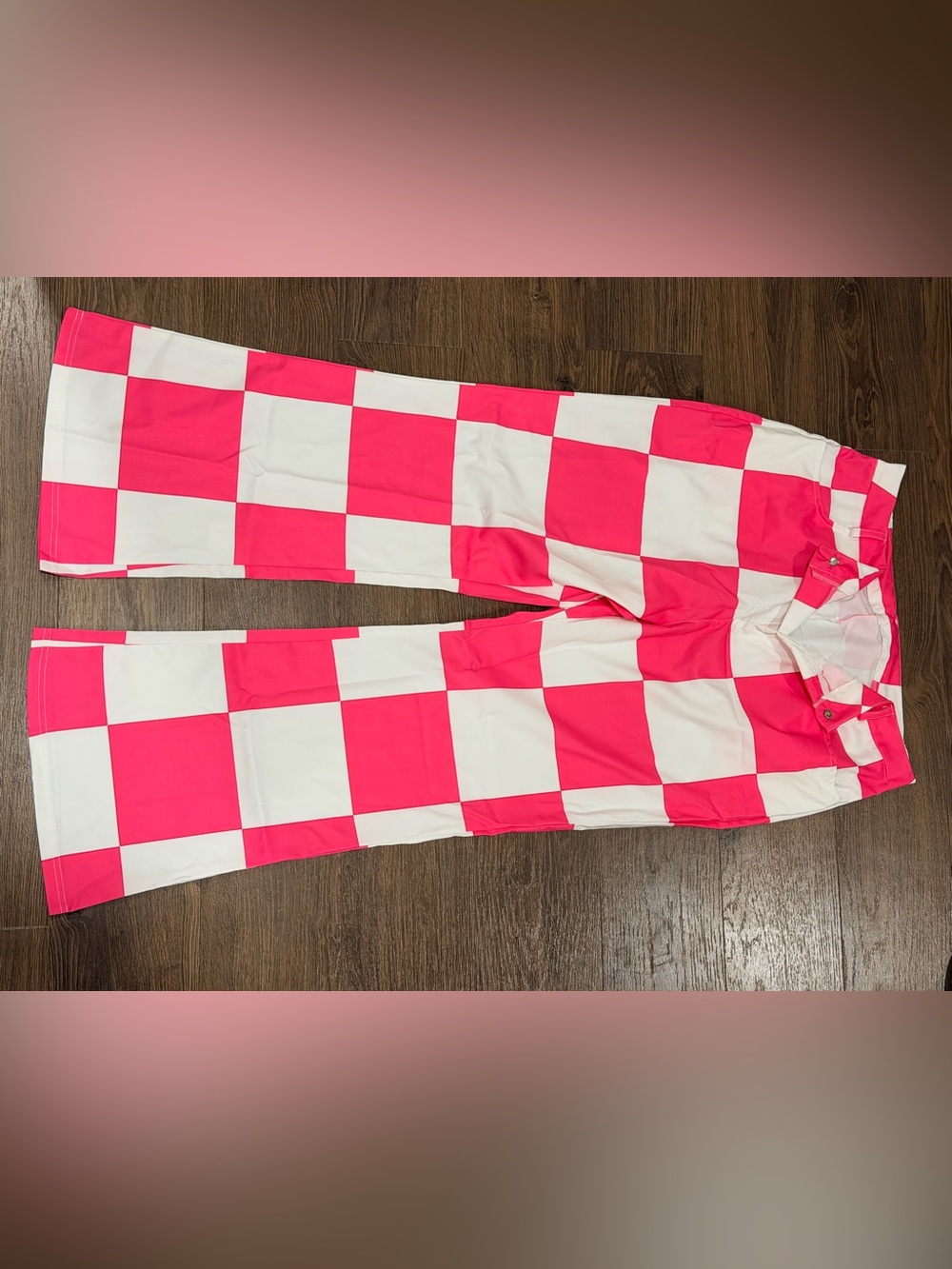 SHEIN Hot Pink and White Checkerboard Flare Pants